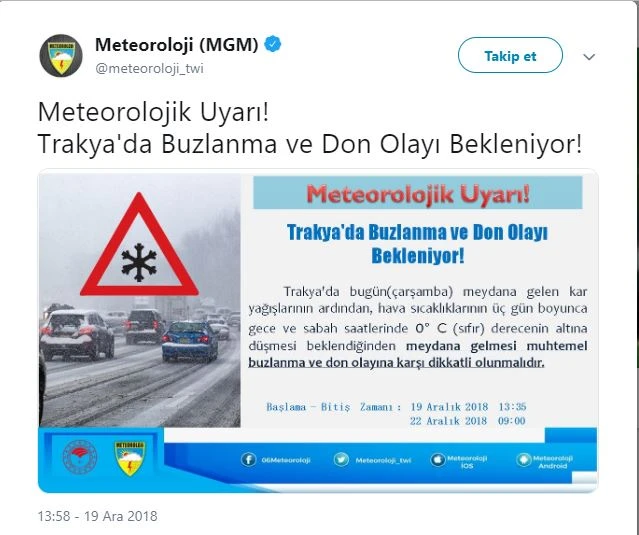 Meteoroloji buzlanma riskine karşı uyardı